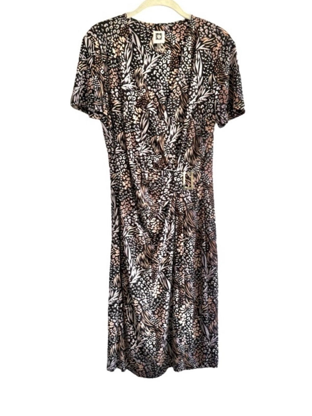 Anne Klein Short Sleeve Dress Abstract Print Faux Wrap Black Tan Gold Size 10
